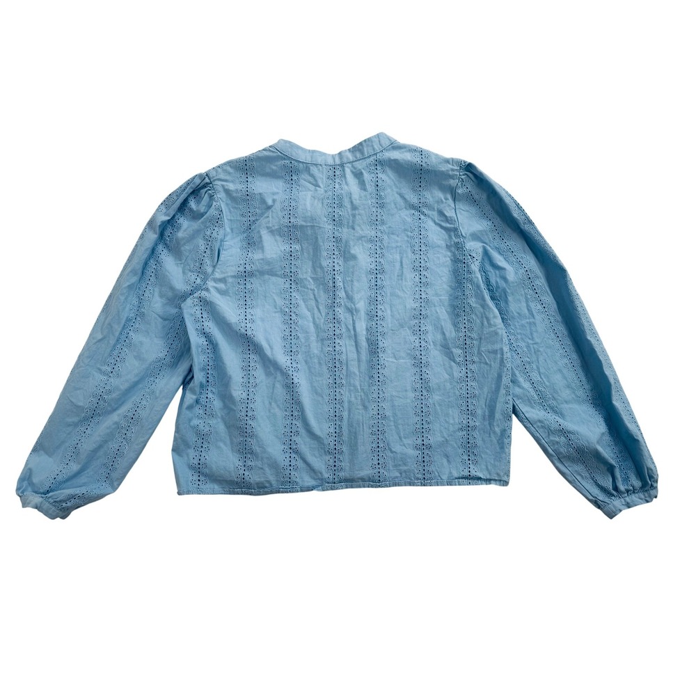 Elie Tahari SkyBlue Punching Eyelet Cotton Button Up Blouse Top Puff Sleeve Sz L - Picture 3 of 7